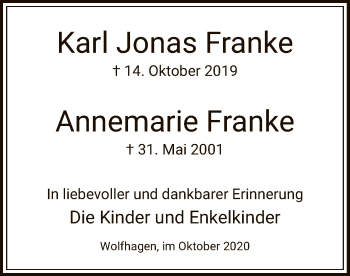 Todesanzeige von Karl Jonas und Annemarie Franke von HNA