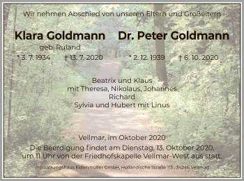 Todesanzeige von Klara und Peter Goldmann von HNA