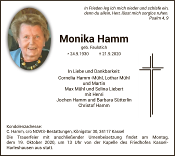 Todesanzeige von Monika Hamm von HNA