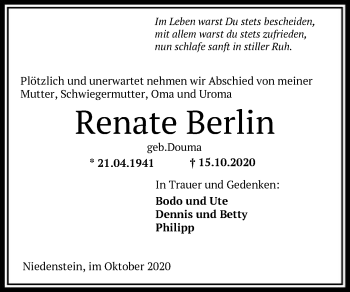 Todesanzeige von Renate Berlin von HNA