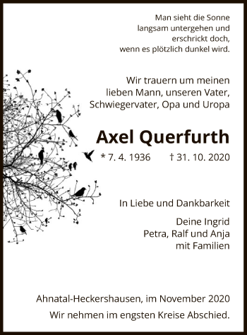 Todesanzeige von Axel Querfurth von HNA