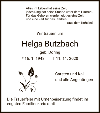 Todesanzeige von Helga Butzbach von HNA