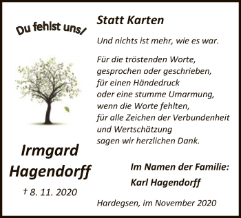 Todesanzeige von Irmgard Hagendorff von HNA