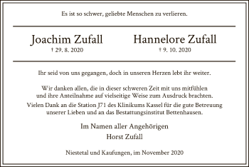 Todesanzeige von Joachim und Hannelore Zufall von HNA