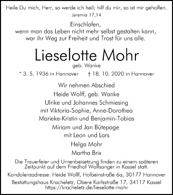 Todesanzeige von Lieselotte Mohr von HNA