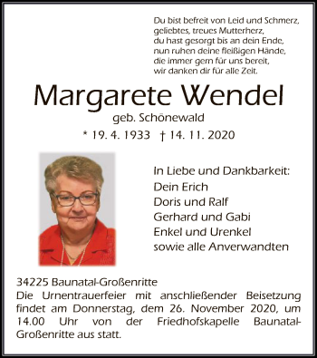 Todesanzeige von Margarete Wendel von HNA