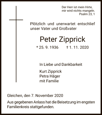 Todesanzeige von Peter Zipprick von HNA