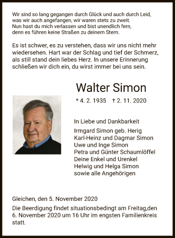 Todesanzeige von Walter Simon von HNA
