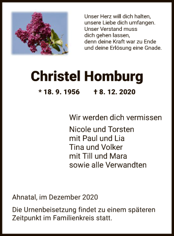 Todesanzeige von Christel Homburg von HNA