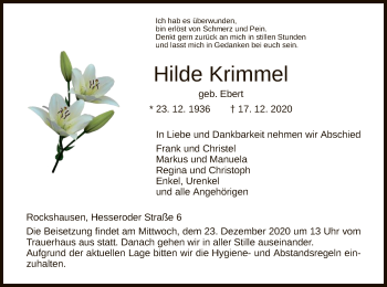 Todesanzeige von Hilde Krimmel von HNA