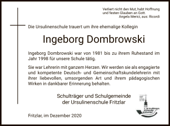 Todesanzeige von Ingeborg Dombrowski von HNA