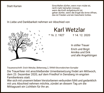 Todesanzeige von Karl Wetzlar von HNA