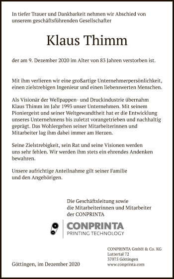 Todesanzeige von Klaus Thimm von HNA