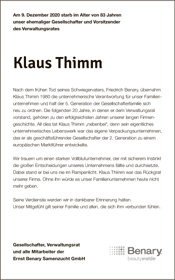 Todesanzeige von Klaus Thimm von HNA
