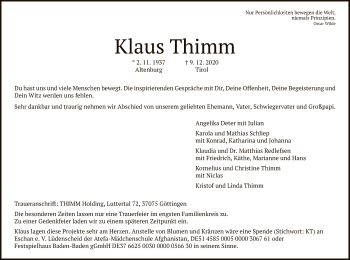 Todesanzeige von Klaus Thimm von HNA