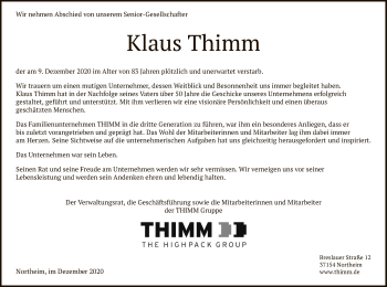 Todesanzeige von Klaus Thimm von HNA