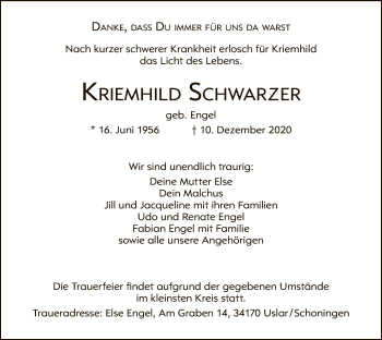 Todesanzeige von Kriemhild Schwarzer von HNA