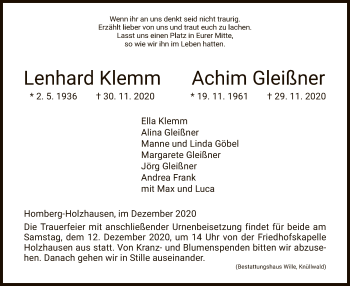 Todesanzeige von Lenhard und Achim  von HNA