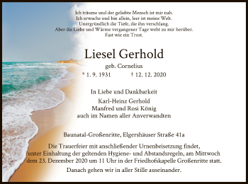 Todesanzeige von Liesel Gerhold von HNA