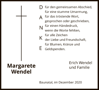 Todesanzeige von Margarete Wendel von HNA