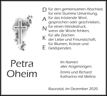 Todesanzeige von Petra Oheim von HNA