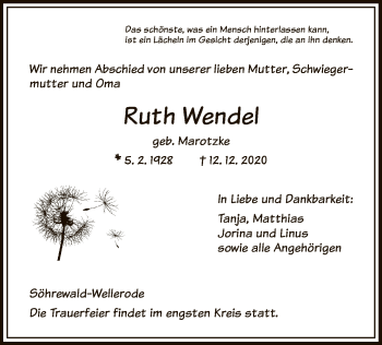 Todesanzeige von Ruth Wendel von HNA