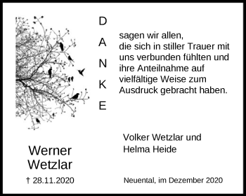 Todesanzeige von Werner Wetzlar von HNA