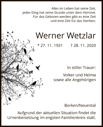 Todesanzeige von Werner Wetzlar von HNA