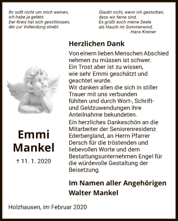 Todesanzeige von Emmi Mankel von HNA