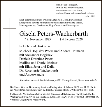 Todesanzeige von Gisela Peters-Wackerbarth von HNA