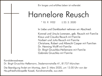 Todesanzeige von Hannelore Reusch von HNA