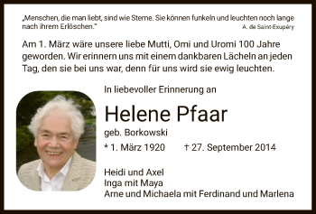 Todesanzeige von Helene Pfaar von HNA