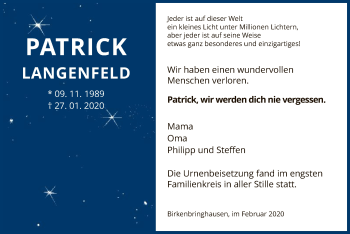 Todesanzeige von Patrick Langenfeld von HNA