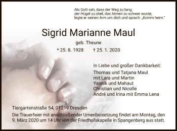 Todesanzeige von Sigrid Marianne Maul von HNA