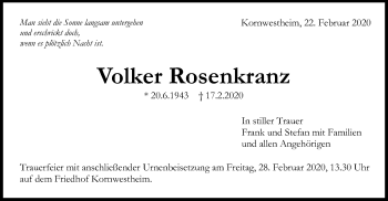 Todesanzeige von Volker Rosenkranz von HNA