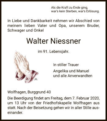 Todesanzeige von Walter Niessner von HNA