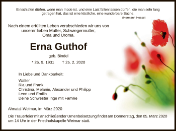 Todesanzeige von Erna Guthof von HNA