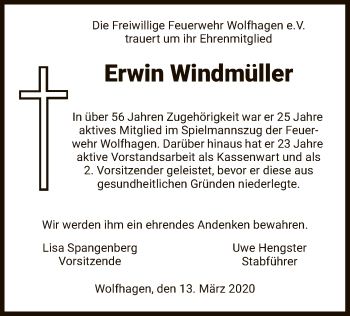 Todesanzeige von Erwin Windmüller von HNA