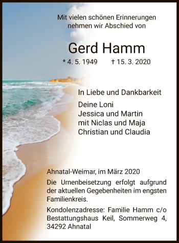 Todesanzeige von Gerd Hamm von HNA