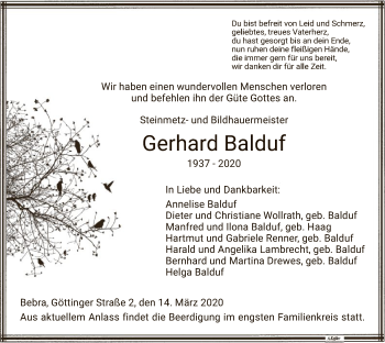 Todesanzeige von Gerhard Balduf von HNA