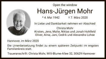 Todesanzeige von Hans-Jürgen Mohr von HNA
