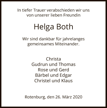 Todesanzeige von Helga Both von HNA