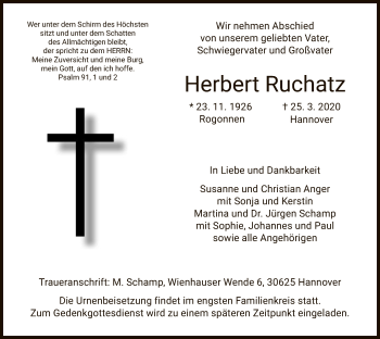 Todesanzeige von Herbert Ruchatz von HNA