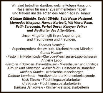 Todesanzeige von In Gedenken Anschlag in Hanau von HNA