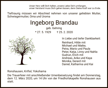 Todesanzeige von Ingeborg Brandau von HNA