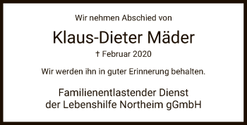 Todesanzeige von Klaus-Dieter Mäder von HNA