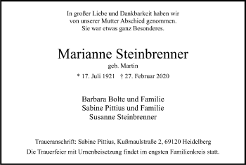 Todesanzeige von Marianne Steinbrenner von HNA