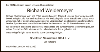 Todesanzeige von Richard Weidemeyer von HNA