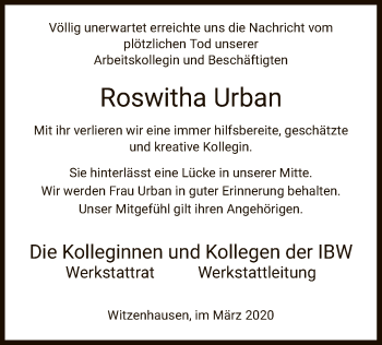 Todesanzeige von Roswitha Urban von HNA