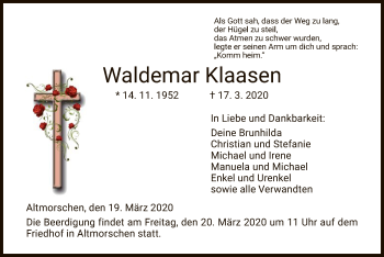 Todesanzeige von Waldemar Klaasen von HNA
